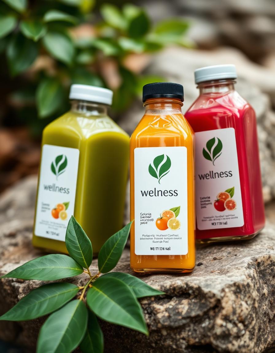 Wellness juice bottles on stone